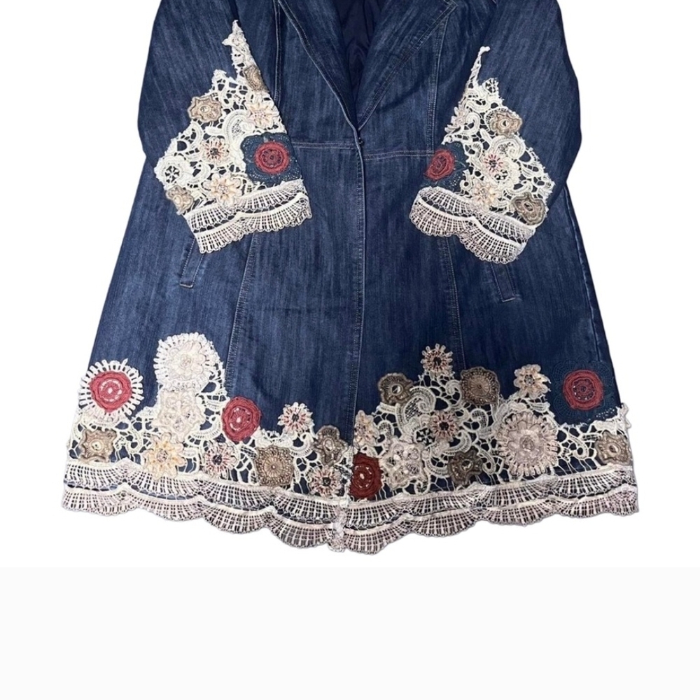 Chico's Blue Jean Jacket with Lace and Floral Accents